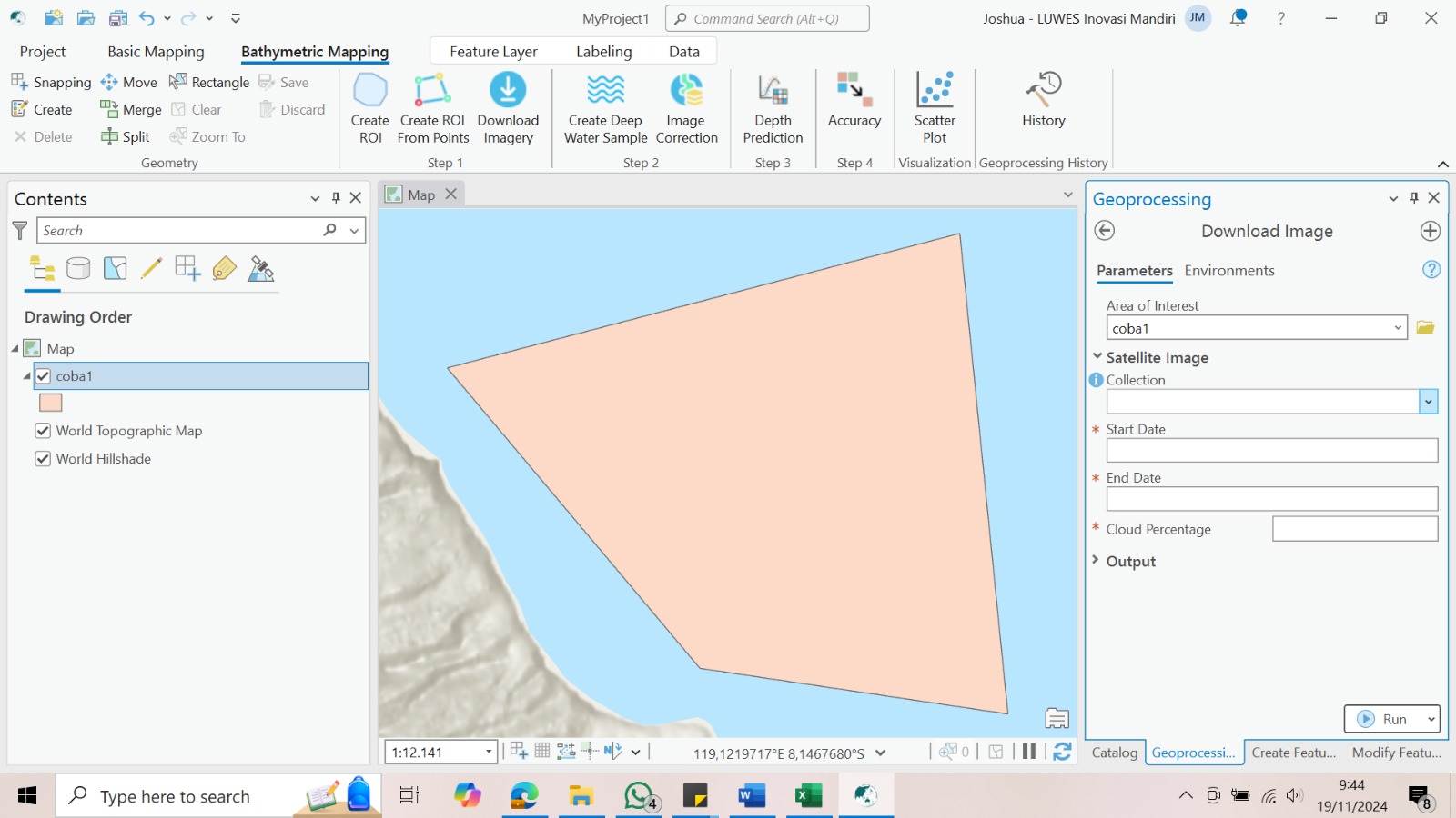 Tampilan peta alur batimetri Shallow Water Mapper